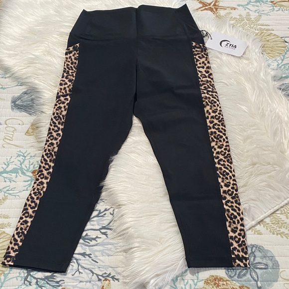 ZYIA Black Leggings with Leopard Side Panels